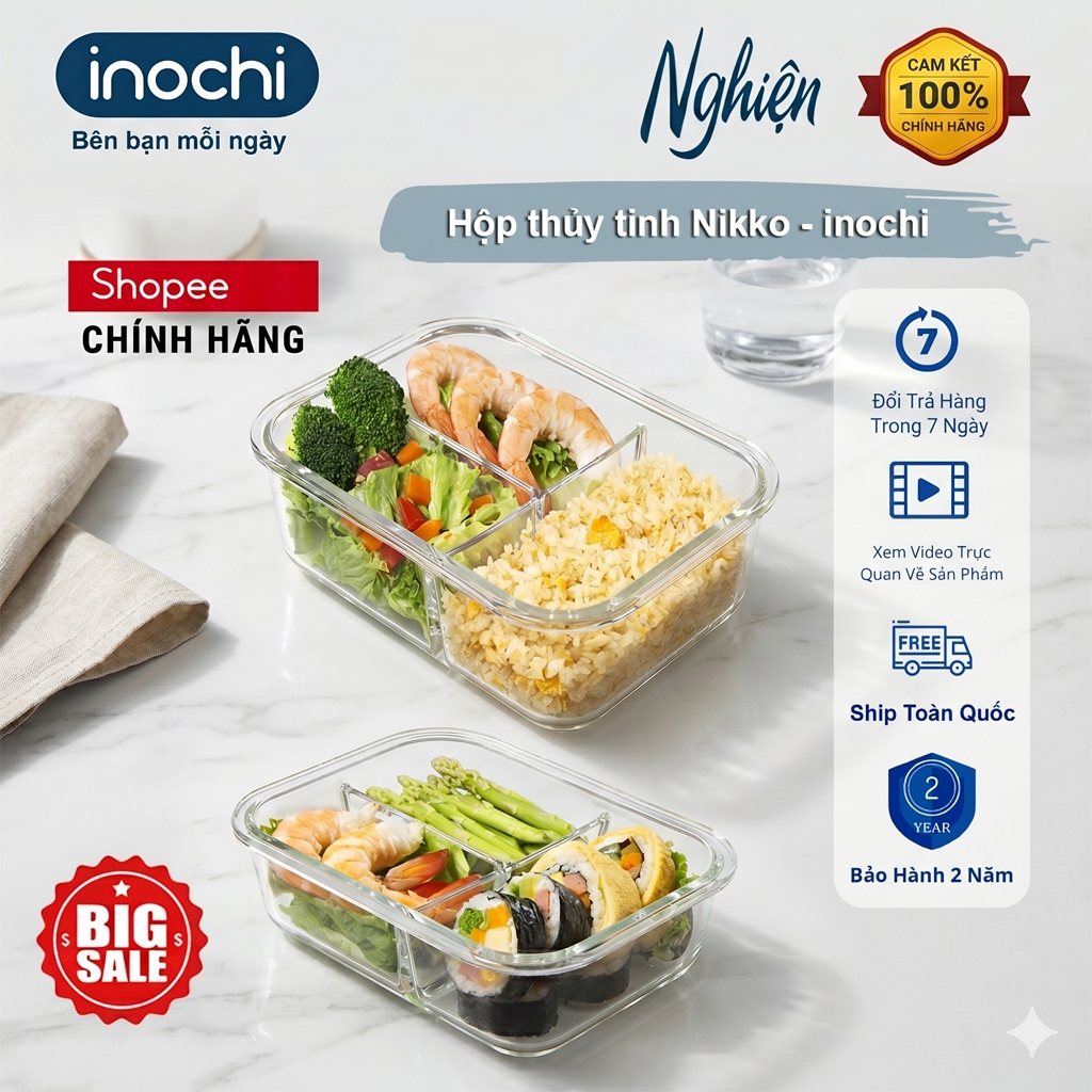 Hộp thủy tinh Nikko 3 ngăn (800ml - 1040ml- 1520ml) - Inochi tiêu chuẩn nhật bản