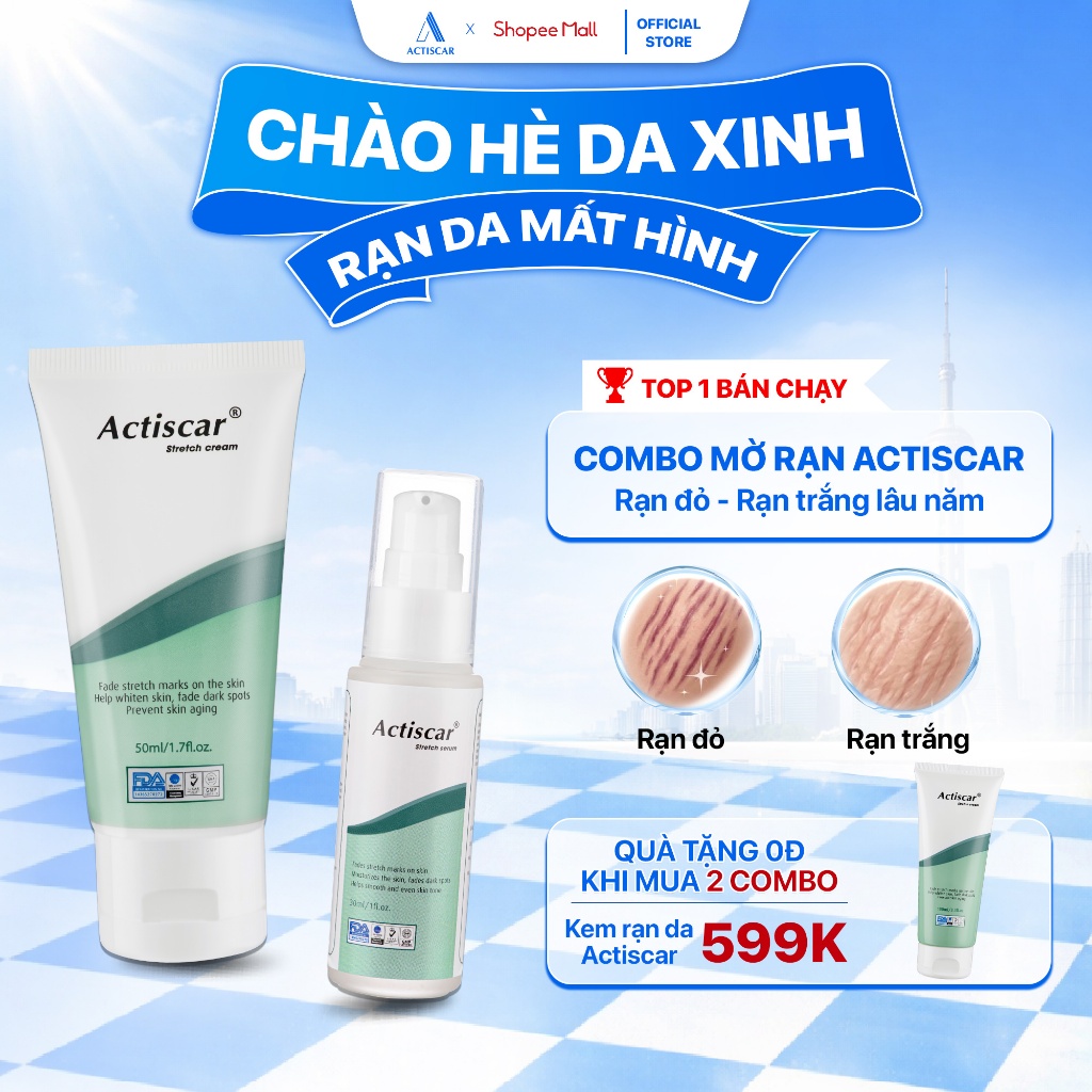 Combo Kem Rạn Da Actiscar Stretch 50ml và Serum 30ml giúp làm mờ rạn do mang thai, dậy thì, tăng cân