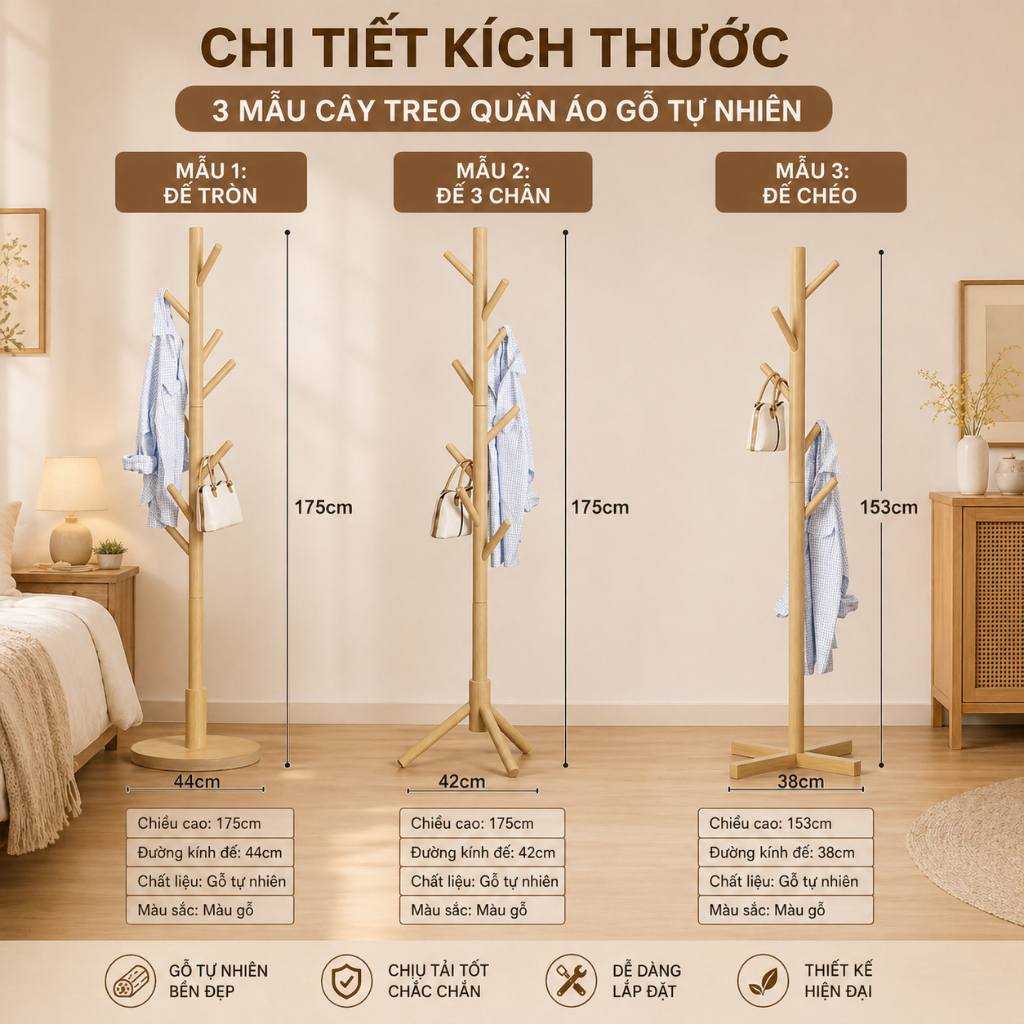 Cây Treo Quần Áo Đứng CONOCO Gỗ Tự Nhiên Nhiều Móc Treo Áo Túi Mũ Tiết Kiệm Diện Tích | BigBuy360 - bigbuy360.vn