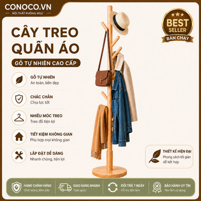 CONOCO Cây Treo Quần Áo Gỗ Sồi Tự Nhiên Trụ Dày Không Rung Lắc Giá Treo Đứng Cao Cấp