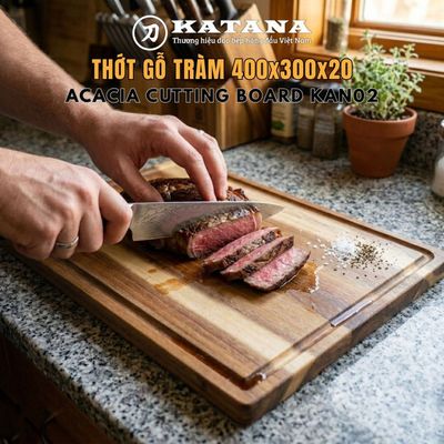 Thớt gỗ Acacia ghép ngang cao cấp KATANA loại dày 2cm KAN02 - Thớt gỗ tràm hình chữ nhật 400x300x20mm