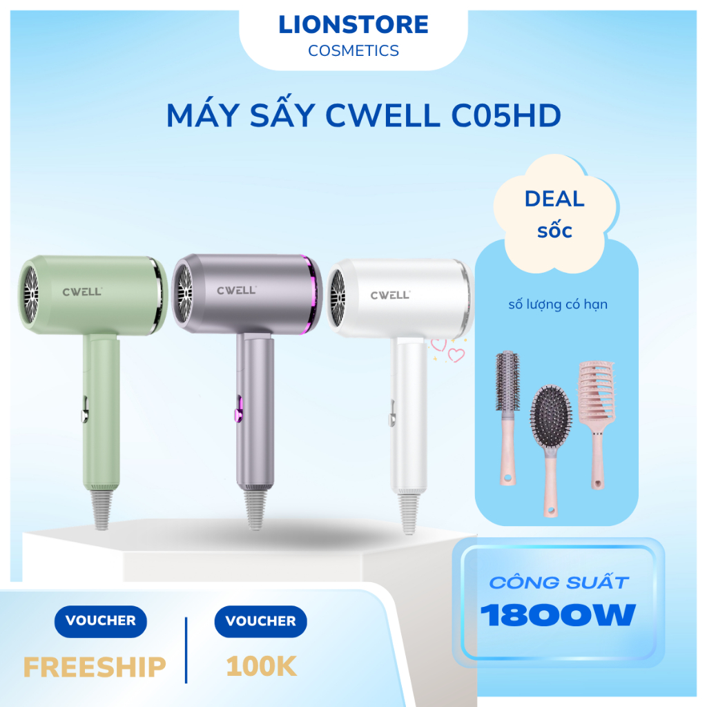 Máy sấy tóc CWELL 1800W- BẢN NÂNG CẤP C05HD gấp gọn 2 chiều nóng lạnh, 3 chế độ nhiệt, ánh sáng xanh
