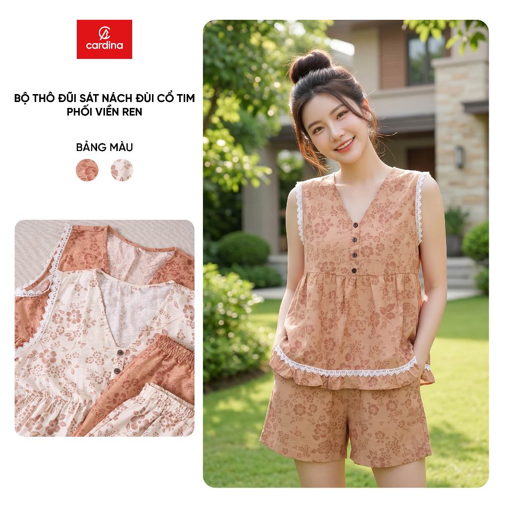 Bộ mặc nhà Cardina thô đũi cổ tim 6BON02