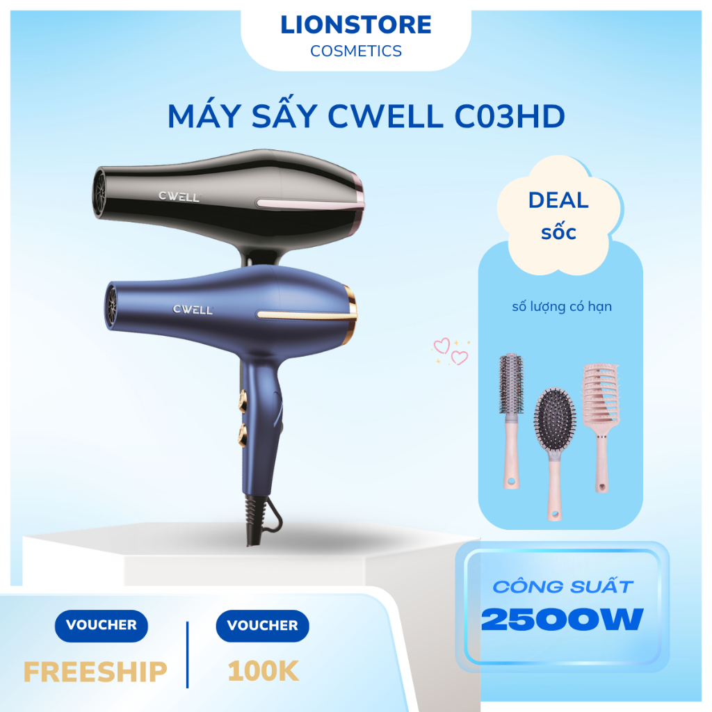 Máy sấy tóc CWELL C03HD công suất lớn 1800W, 6 chế độ sấy kép, ánh sáng xanh bảo vệ tóc