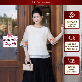 M COLLECTION | Áo Kiểu Nữ Trung Niên Tặng Mẹ Bà Cổ Tròn Vải Tơ Xốp Có Lót Thêu Hoa Tay Lỡ A13671