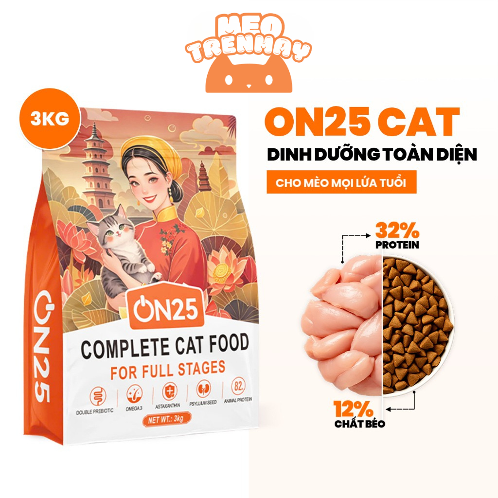 [Túi 3kg] Hạt Mèo ON25 CAT 82% Protein Động Vật – Hỗ Trợ Tiết Niệu, Lông Mượt – Gói 400g/3kg