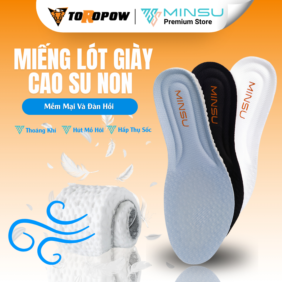Lót Giày Thể Thao Cao Su Non Nam Nữ Cao Cấp Chính Hãng MINSU M2355, Khử Mùi, Thoáng Khí, Ngăn Vi Khu
