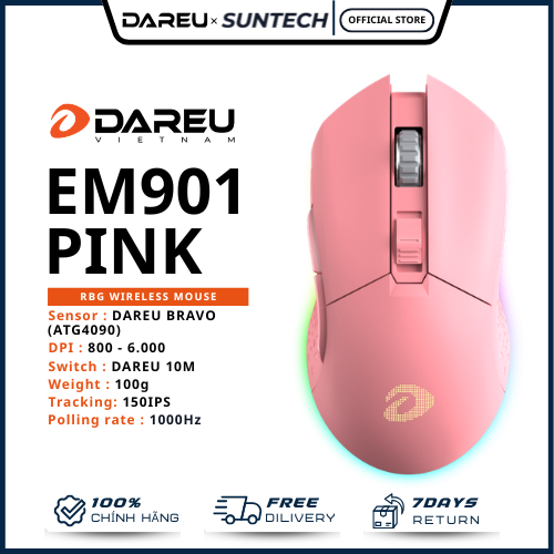 Chuột Gaming Không Dây DareU EM901 Pink - Màu Hồng Cực Chất, Wireless 2.4G, LED RGB Circle, Mắt Đọc 