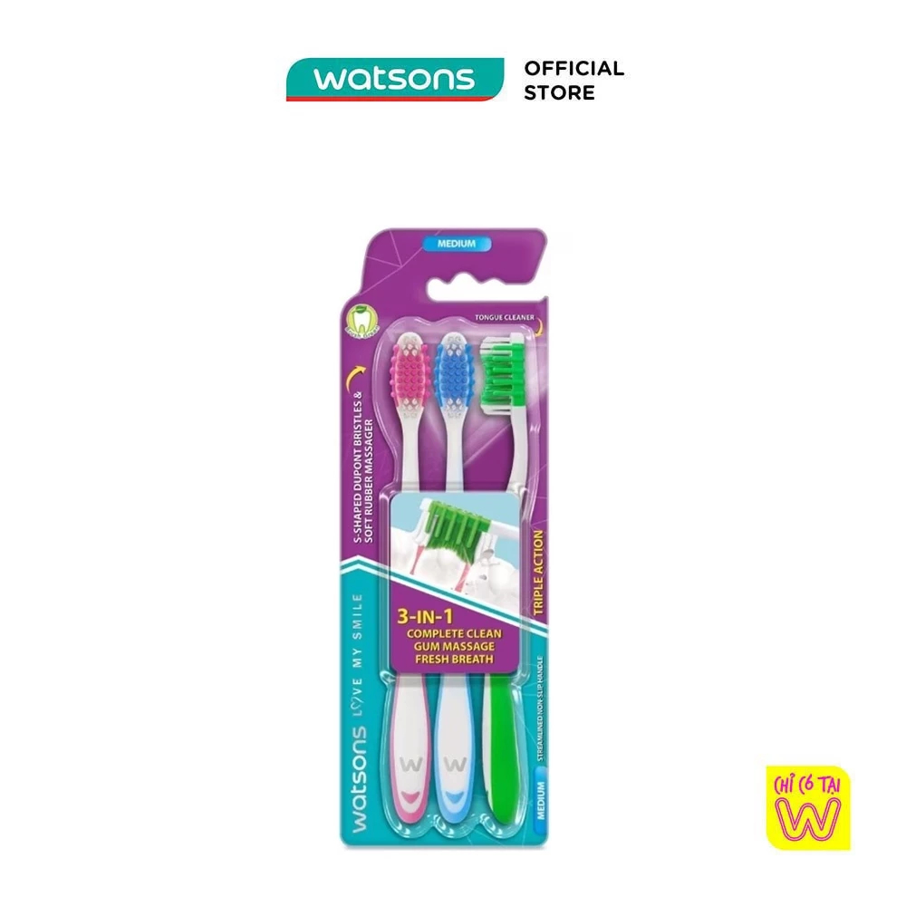Bàn Chải Đánh Răng Watsons Triple Action Toothbrush (Medium) 3s