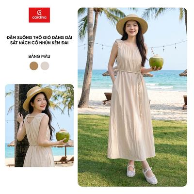 Đầm nữ CARDINA chất liệu thô gió dáng suông dài sát nách cổ nhún kèm đai trang trí 6VSD01