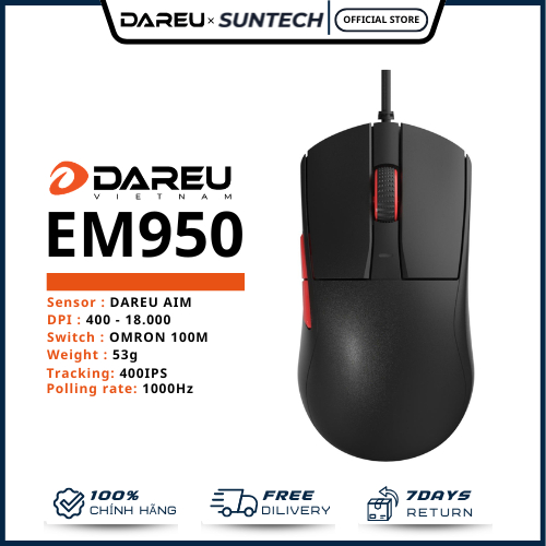 Chuột Gaming Cao Cấp DareU EM950 - Mắt Đọc PixArt PMW3360 (12.000 DPI), Thiết Kế Đối Xứng Đẳng Cấp, 