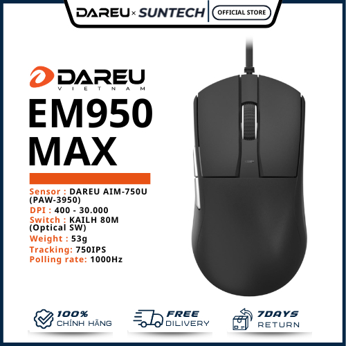 Chuột Gaming DareU EM950 MAX - Mắt Đọc PixArt PMW3360 (12.000 DPI), LED RGB Streamer, Dây Bọc Dù Chố