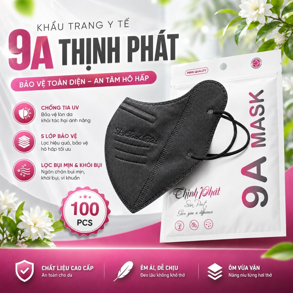 Combo 100 chiếc khẩu trang 9A Thịnh Phát Màu Đen, Khẩu trang 9A Mask Màu Đen cao cấp