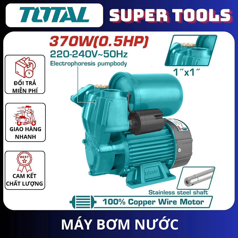 Máy bơm nước Total TWP937016 370W, Dây nhôm, Kích thước 1"x1", Bơm từ giếng, ao, bể chứa