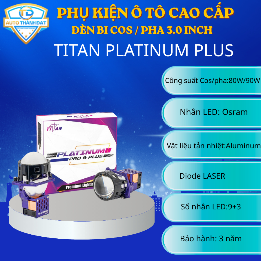 Bi Laser Titan Platinum Plus 2025 (Cos 80W/Pha 90W) tích hợp Laser Cos Pha, nhiệt màu 5000K