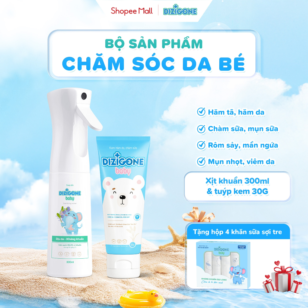 [COMBO] Xịt kháng khuẩn DIZIGONE Baby 300ml & Kem DIZIGONE Baby 30g: Đẩy lùi hăm tã, chàm sữa, chăm 