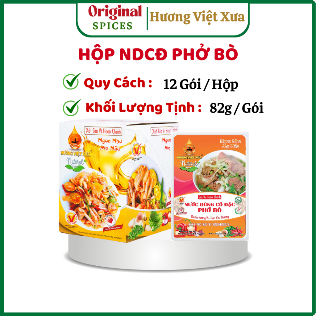 Nước Dùng Cô Đặc Phở Bò Hương Việt Xưa ( Hộp 12 Gói / 82G) Nước Cốt Nấu Phở Bò