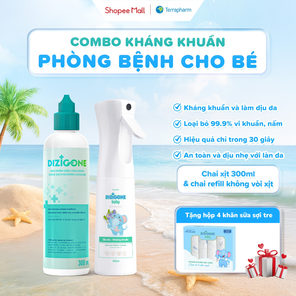 [COMBO] Xịt kháng khuẩn DIZIGONE Baby 300ml & Dung dịch kháng khuẩn DIZIGONE: Xịt tay chân, đồ chơi,