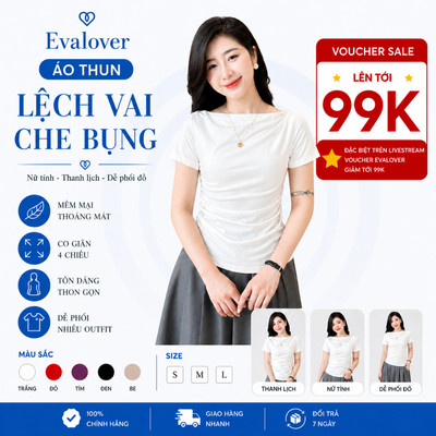 Áo thun nữ lệch vai che bụng Evalover – Cotton co giãn 4 chiều, dáng đẹp không kén người mặc