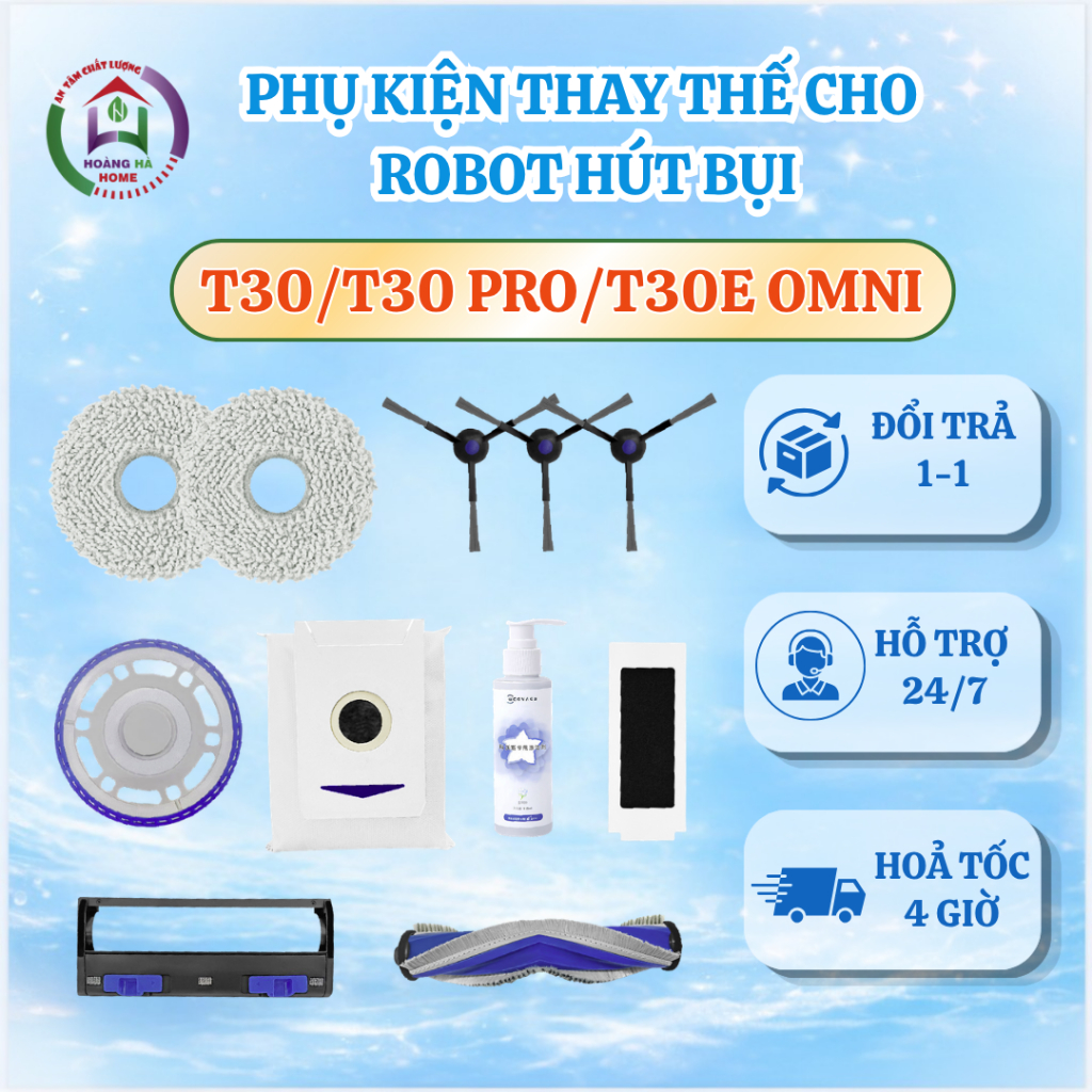 Phụ kiện robot T30/ T30e Pro Omni - Khăn lau màng lọc hepa chổi cạnh chổi giữa túi rác dòng cao cấp