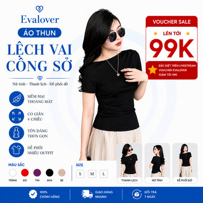 Áo Thun Nữ Lệch Vai Công Sở Evalover – Nhún Eo Gấu Vát, Vải Cotton Nhật Mềm Mịn