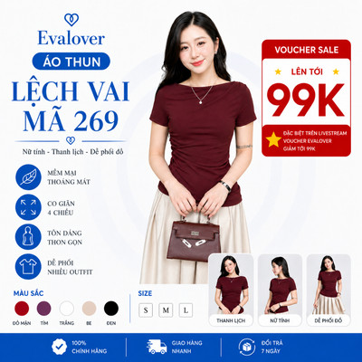 Áo Thun Nữ Lệch Vai Mã 269 Evalover – Nhún Eo Gấu Vát, Vải Cotton Nhật Mềm Mịn