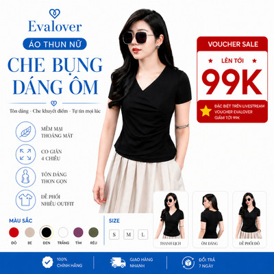 Áo thun nữ che bụng dáng ôm nhẹ – cổ tim nhún eo co giãn 4 chiều Evalover