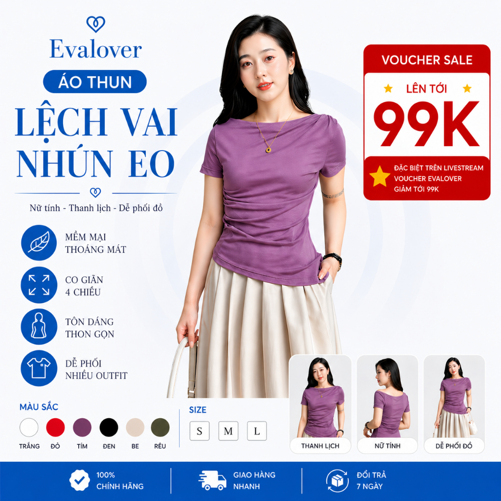 Áo Thun Nữ Lệch Vai Nhún Eo Evalover - Cotton Nhật 4 Chiều, Gấu Vát, Công Sở Thanh Lịch