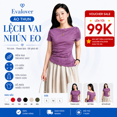 Áo Thun Nữ Lệch Vai Nhún Eo Evalover - Cotton Nhật 4 Chiều, Gấu Vát, Công Sở Thanh Lịch