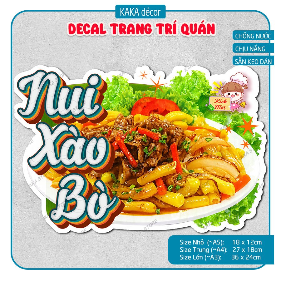Decal Nui Xào Bò, Mì Xào Bò Trang Trí Quán Ăn, Tiệm Ăn Chống Nước Chịu Nắng - Dán Kính, Tường, Gỗ, G