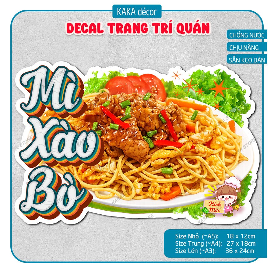 Decal Trang Trí Mì Xào Bò, Nui Xào Bò Chống Nước Chịu Nắng - Dán Kính, Tường, Gỗ, Gạch Men.