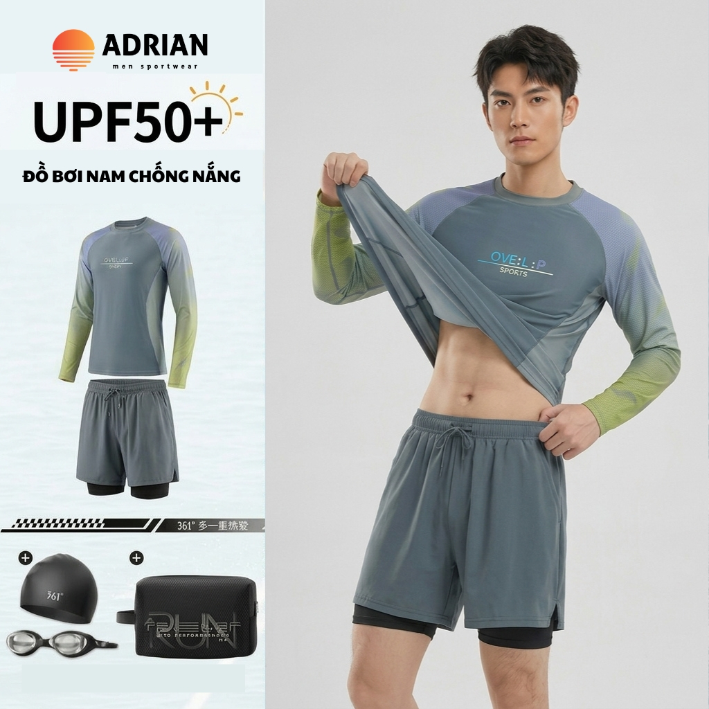 Bộ bơi nam 2 mảnh big size 100kg, áo bơi dài tay chống nắng, quần bơi nam 2 lớp lướt sóng đi biển nh