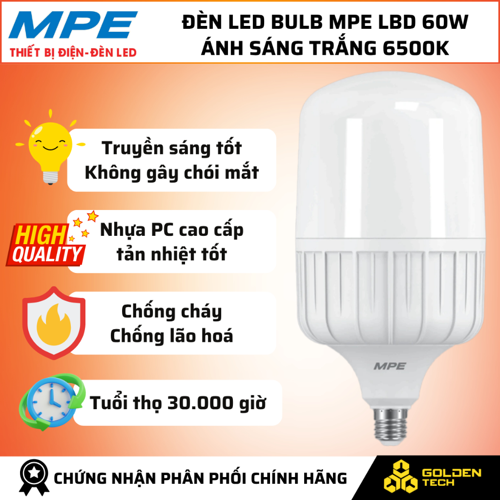 [MPE] Bóng đèn LED Bulb Công suất cao 60W Ánh sáng trắng 6500K LBD-60T