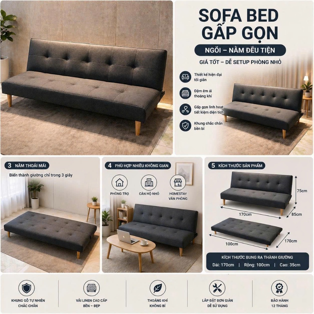 Sofa BED dài 1M7 bật ra thành giường 1m  Đa Năng Êm Ái & Tiện Nghi Cho Căn Hộ Của Bạn - Nội Thất Việ