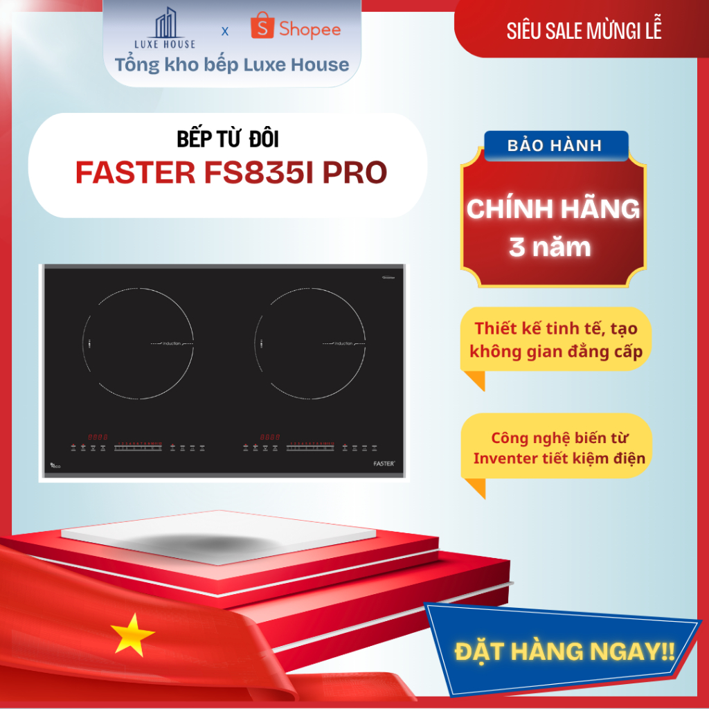 Bếp Từ Đôi Faster FS 835I Pro | Sôi liu diu | Booster 2300W | Công nghệ Inverter tiết kiệm điện