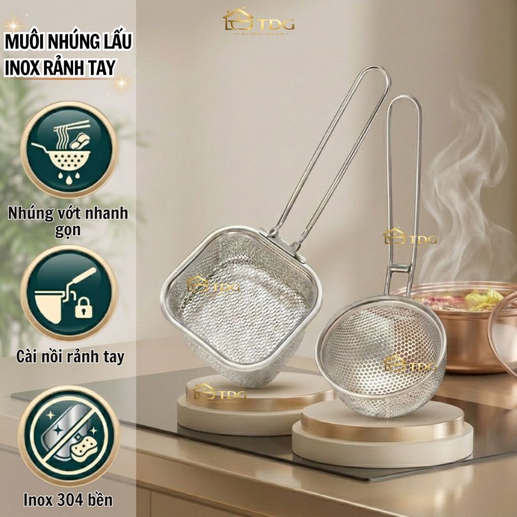 Set 2 muôi thủng nhúng lẩu TDG có quai cài thành nồi rảnh tay giỏ nhúng mì thịt bò chất liệu inox 304 HH78