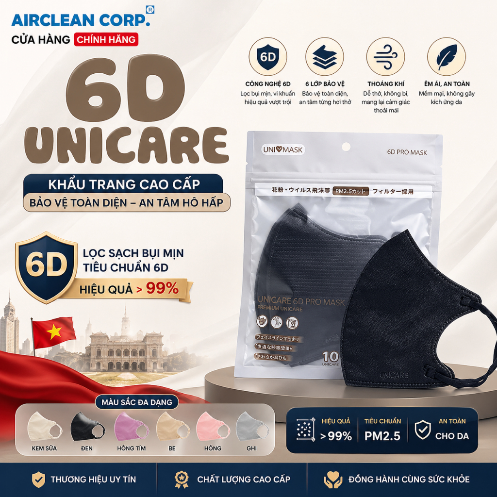 Khẩu Trang 6D UNI CARE - 1 Gói Khẩu Trang Mix Màu