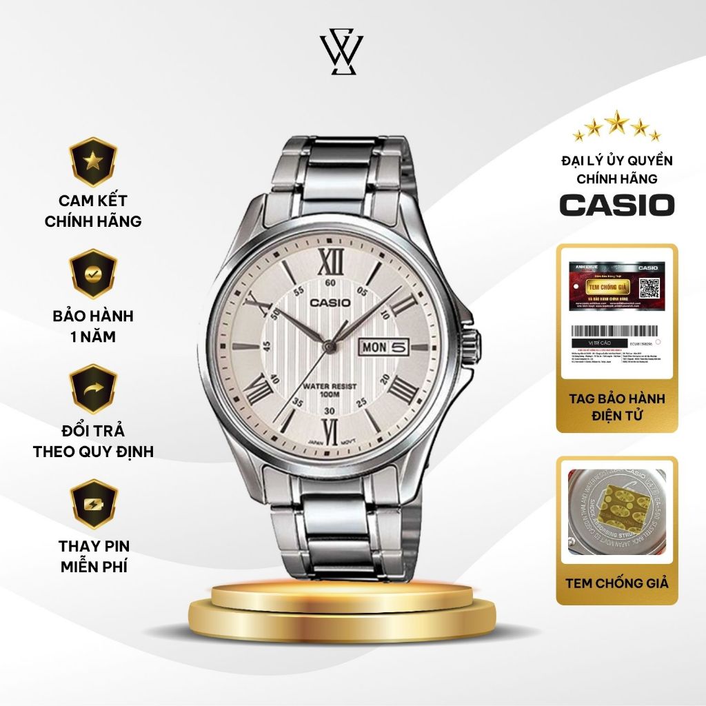 Đồng Hồ Nam Casio MTP-1384D-7AVDF Màu Trắng Kính Khoáng 41mm Chống Nước Dây Kim Loại Không Gỉ Chính 