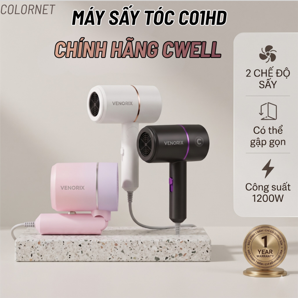 Máy Sấy Tóc Mini CWELL C01HD – Thiết Kế Gấp Gọn, Màu Pastel Thời Trang, Sấy Nhanh Bảo Vệ Tóc – Color