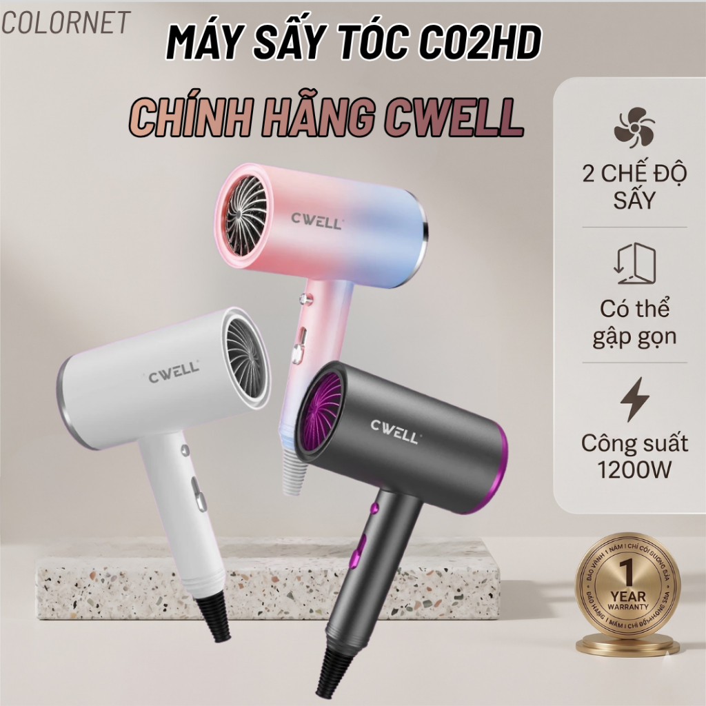 Máy Sấy Tóc CWELL C02HD 1200W 2 Chế Độ Nóng Lạnh - Sấy Nhanh Gọn Nhẹ, Bảo Vệ Tóc Dùng Gia Đình Tiện 