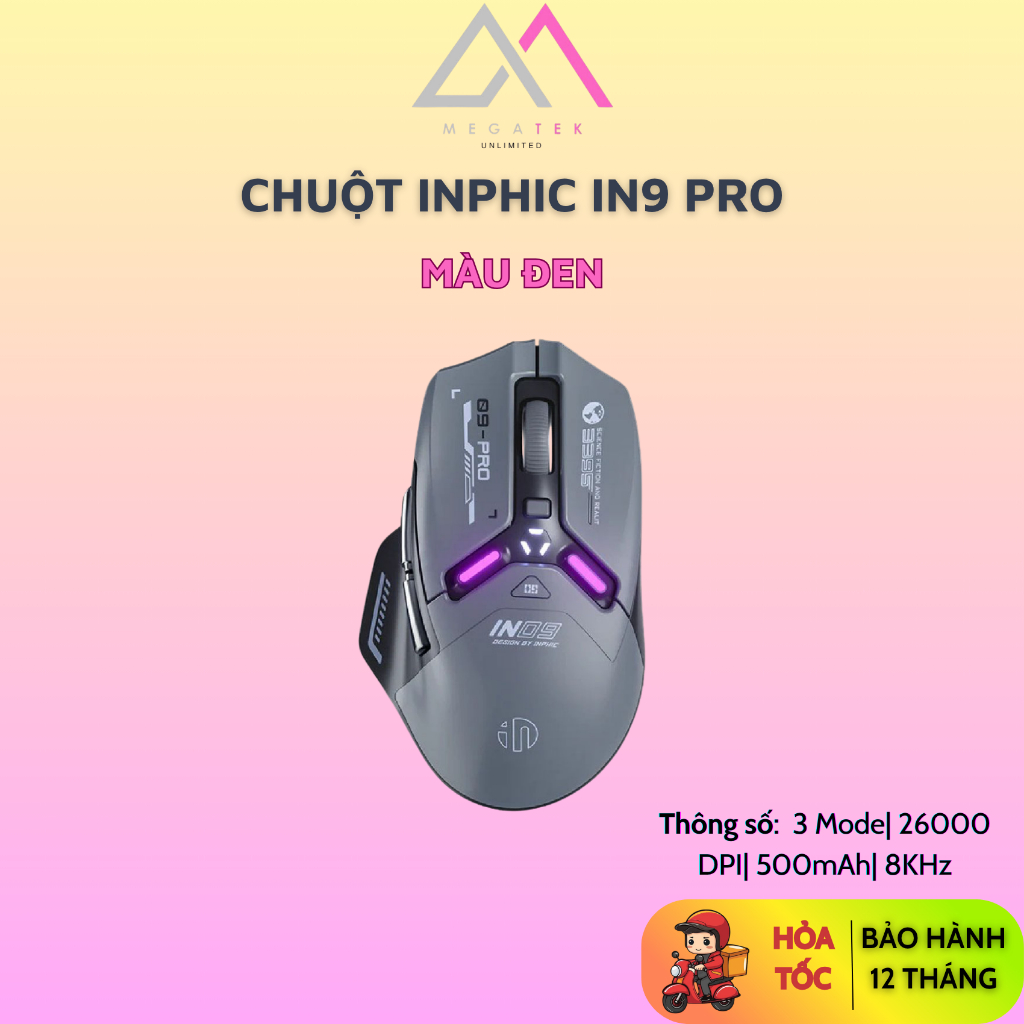 Chuột INPHIC IN9 PRO (Không dây| Đen| 26000 DPI| 500mAh|  2.4G - Bluetooth 5.0) - Hàng chính hãng - 