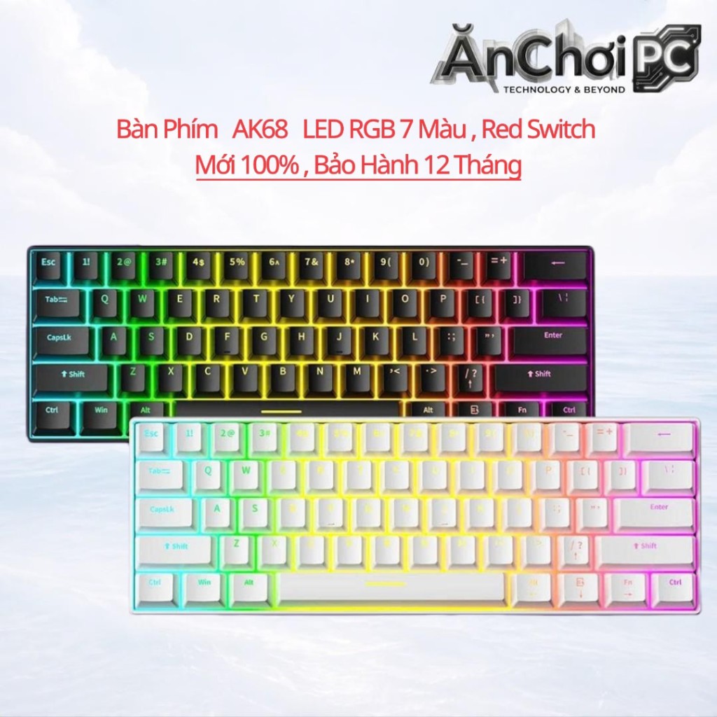 Bàn Phím Cơ AK68 Led RGB 7 Màu , Red Switch Gõ Cực Êm , Kết nối Type C - Bảo Hành 12 Tháng