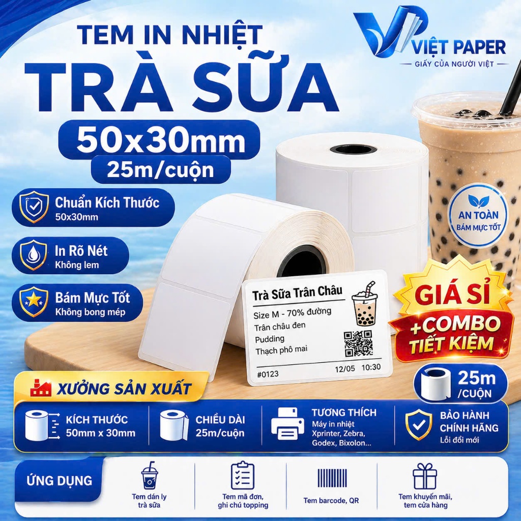 [LỐC 10 CUỘN ] tem trà sữa 50x30 [ 800 TEM / CUỘN ] Tem nhiệt in tem nhãn, in mã vạch, in tem phụ