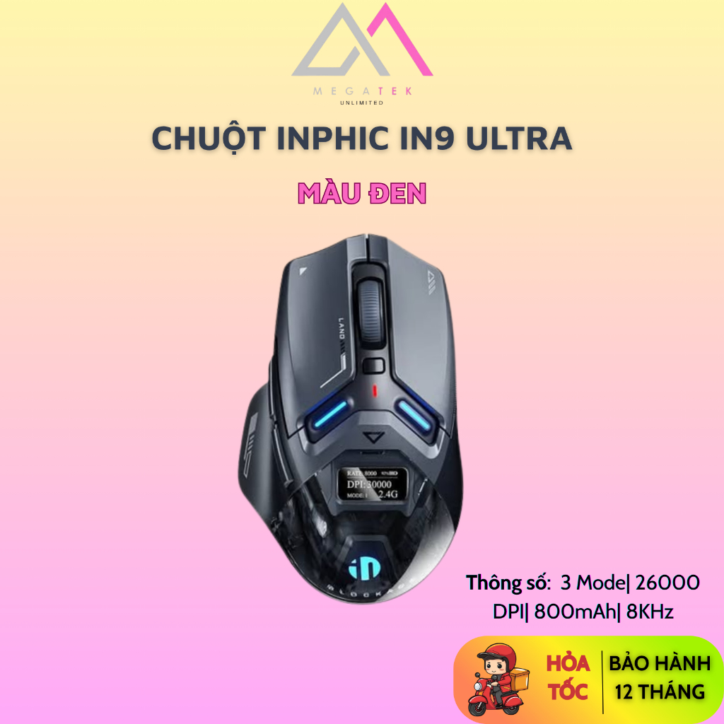 Chuột INPHIC IN9 ULTRA MULTI MODES (Không dây| Đen| 26000 DPI| 800mAh|  2.4G - Bluetooth 5.2) - Hàng
