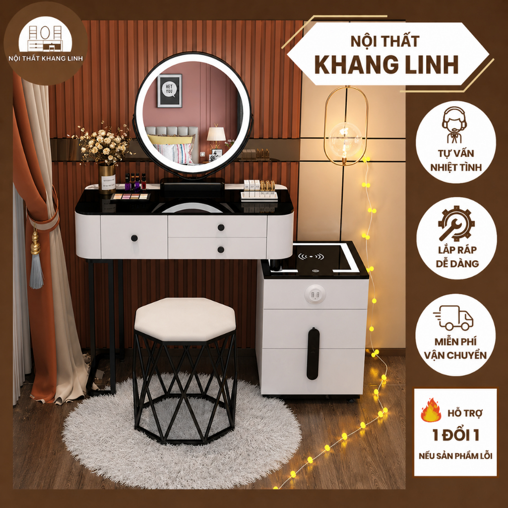 Bàn Trang Điểm Thông Minh A80 Có Gương LED Tích Hợp Sạc Không Dây Loa Bluetooth Hiện Đại