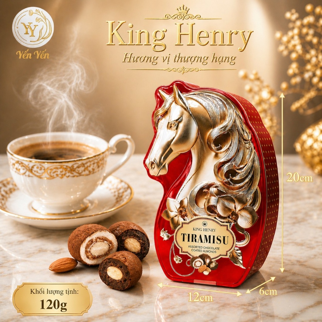 Socola Thập Cẩm Bọc Hạnh Nhân King Henry Tiramisu 120g - Hộp Thiếc Dập Nổi Họa Tiết Đẹp Mắt