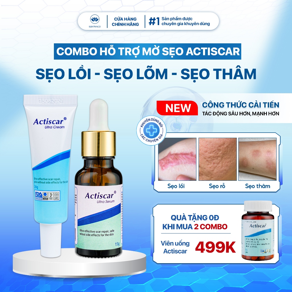 Combo Kem Và Serum Mờ Sẹo Actiscar Làm Mờ Sẹo Lồi, Phì Đại, Sẹo Lõm, Rỗ, Sẹo Phẫu Thuật, Sẹo Thâm