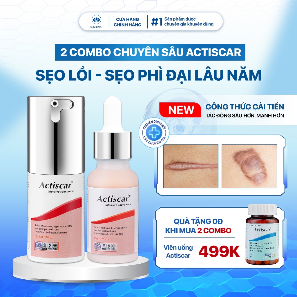 Combo Kem Và Serum Mờ Sẹo Chuyên Sâu Actiscar Giúp Làm Mờ Sẹo Lồi, Sẹo Phì Đại, Sẹo Thâm Lâu Năm
