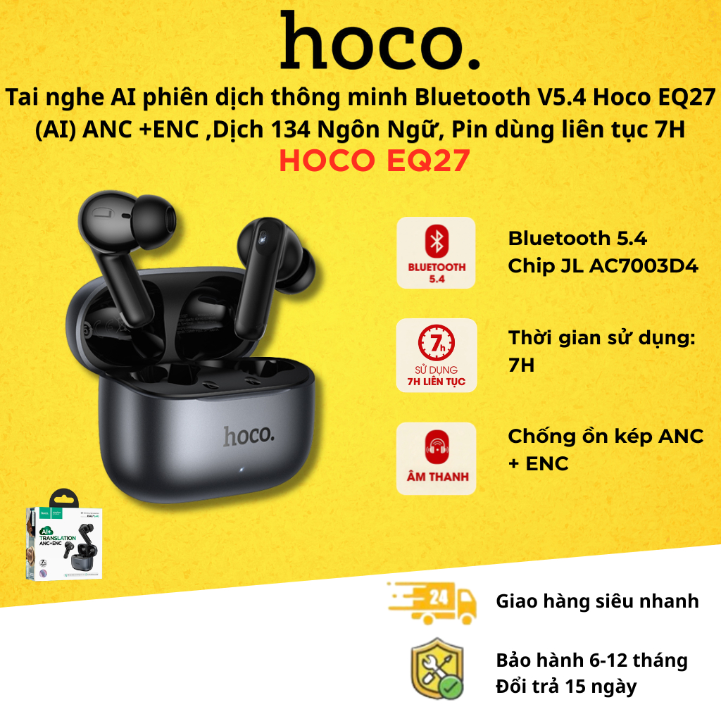 Tai nghe  AI phiên dịch thông minh Bluetooth V5.4 Hoco EQ27 (AI) ANC +ENC ,Dịch 134 Ngôn Ngữ, Pin dù