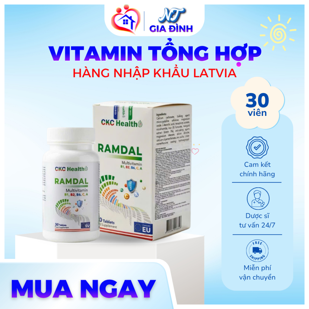Vitamin tổng hợp Ramdal CKC Health Latvia, ăng đề kháng, bổ sung kẽm sắt, giảm mệt mỏi, lọ 30 viên